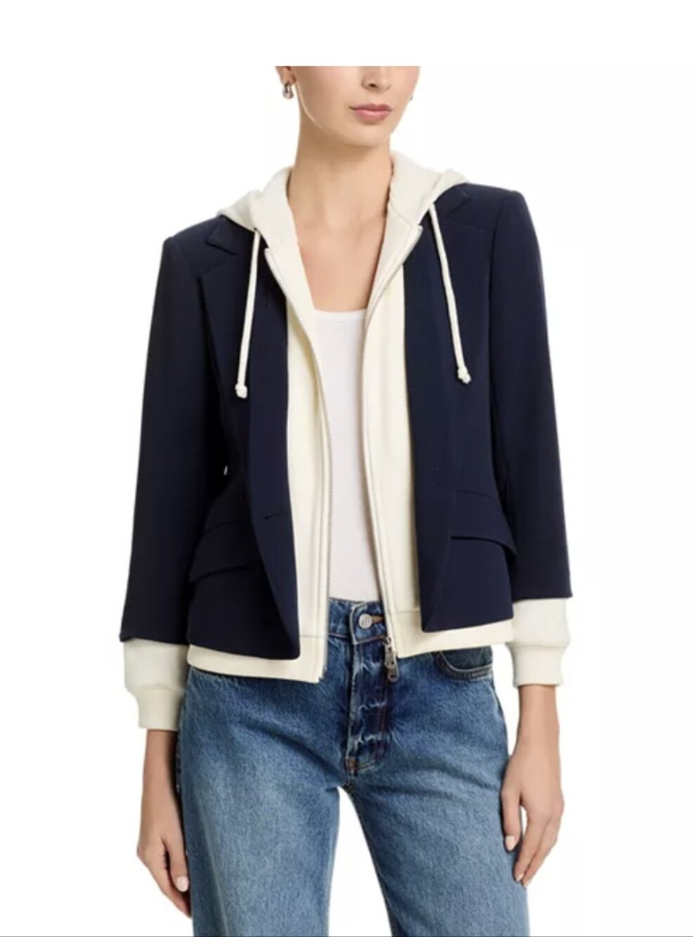 NWOT Cinq A Sept Le Petit Khloe Navy and Ivory Hooded Blazer Jacket Size 8 - Picture 3 of 12